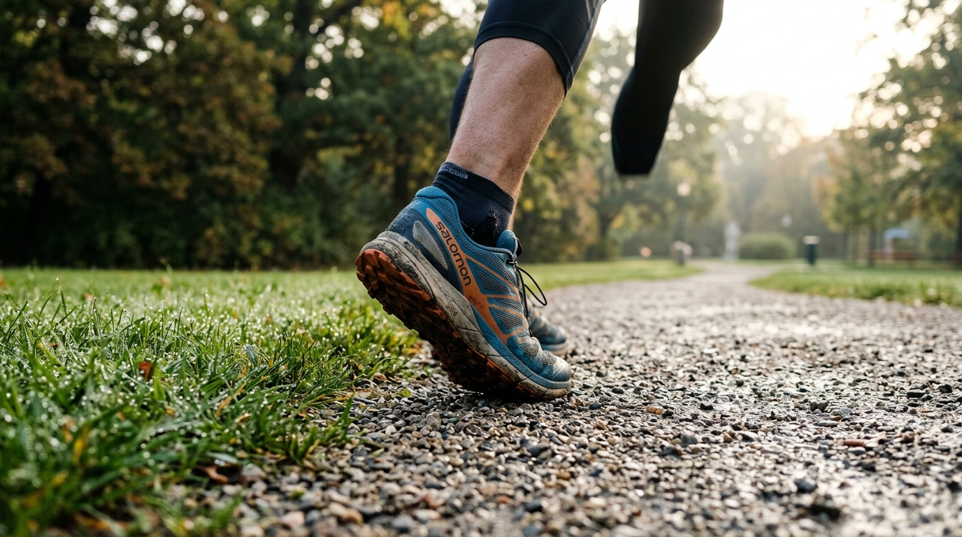 Laufschuhe auf einem Kiesweg in einem Wiener Stadtpark